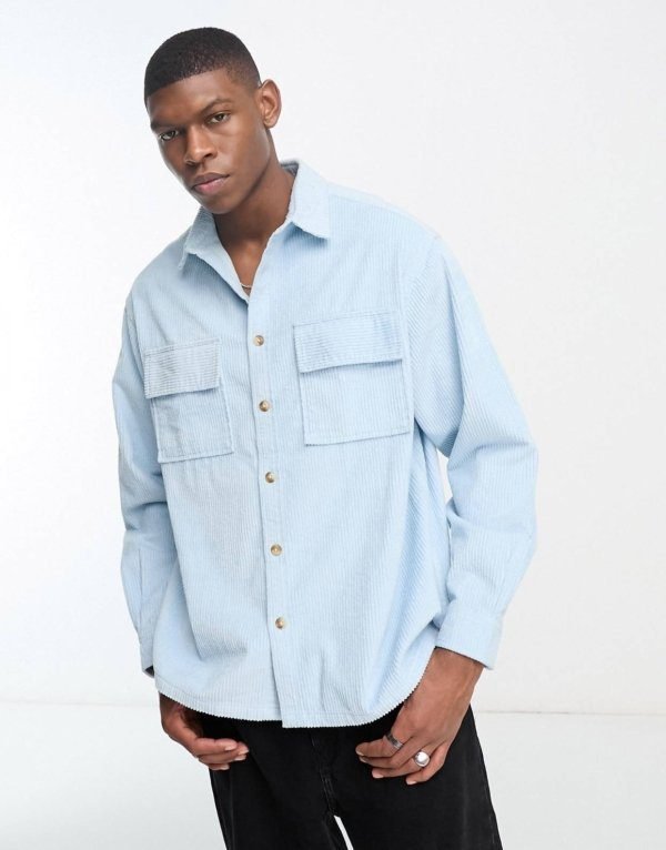 ASOS DESIGN boxy chunky cord oversized shirt in light blue