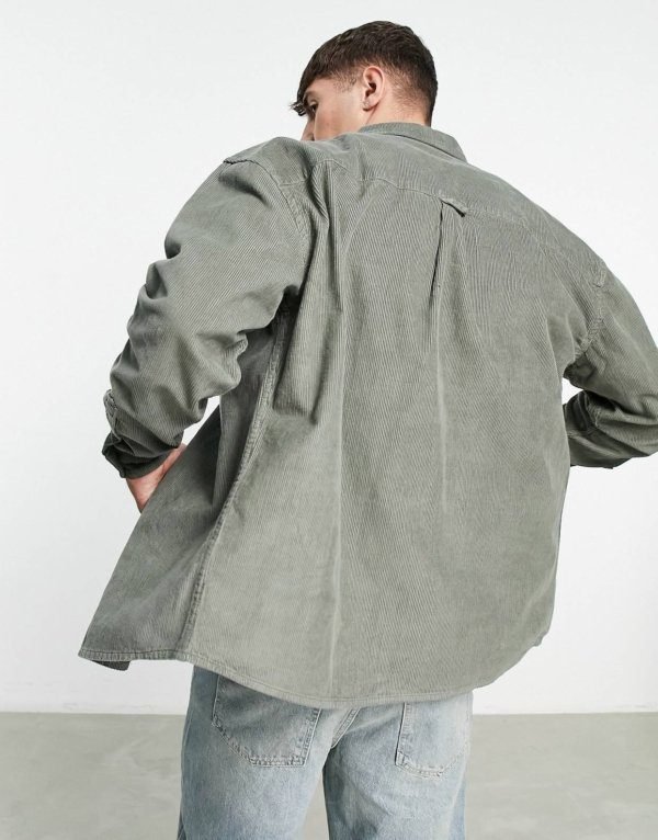 ASOS DESIGN oversized 90s style cord shirt in sage green