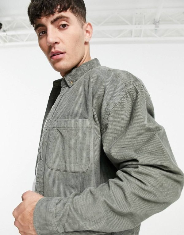 ASOS DESIGN oversized 90s style cord shirt in sage green