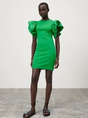 Green puff ruffle sleeve bodycon dress