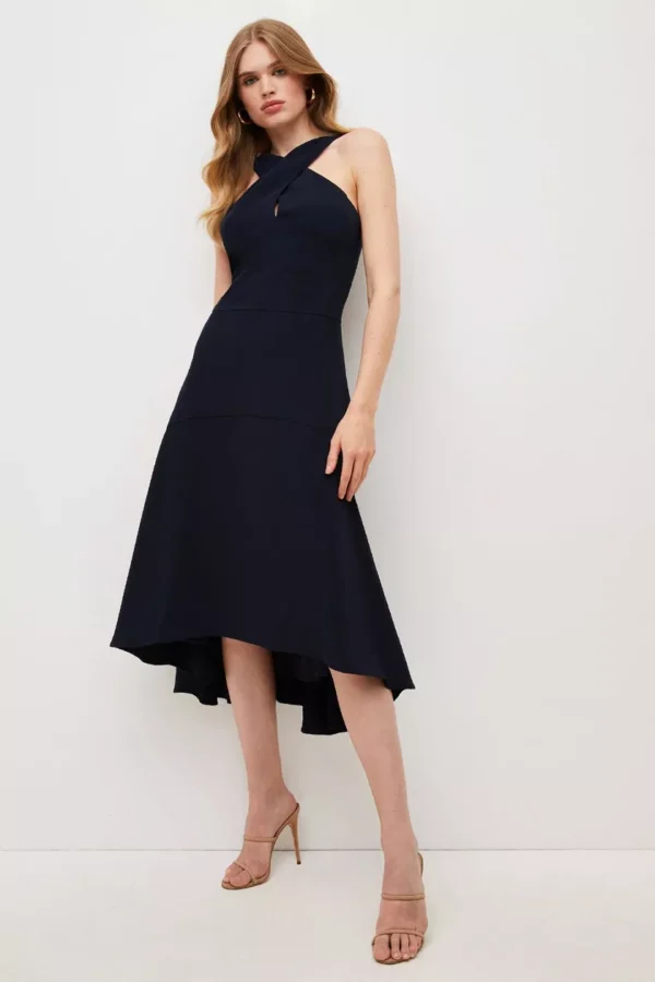 Soft Tailored Cross Over Neck High Dress