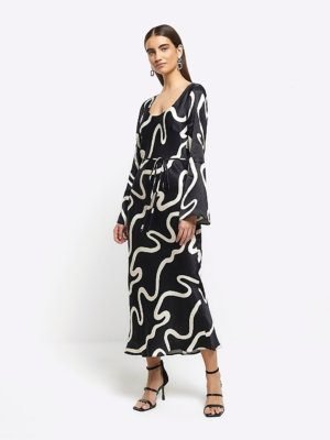 Black Abstract Belted Slip Midi Dress