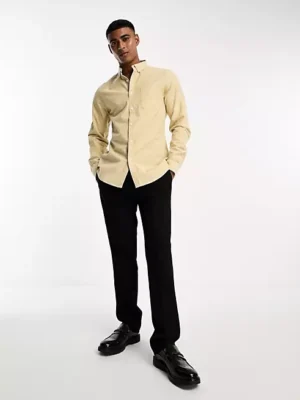 ASOS DESIGN slim oxford shirt with grandad collar in sand yarn dye