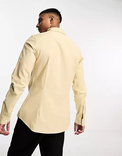 ASOS DESIGN slim oxford shirt with grandad collar in sand yarn dye