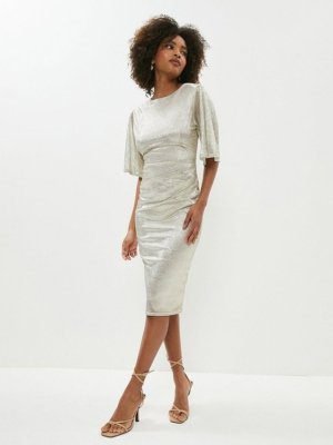 Metallic Angel Sleeve Ruched Waist Dress