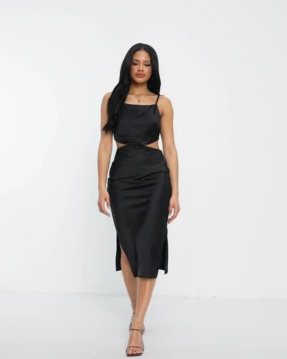 Naughtines Satin Midi Dress With Cut Out In Black