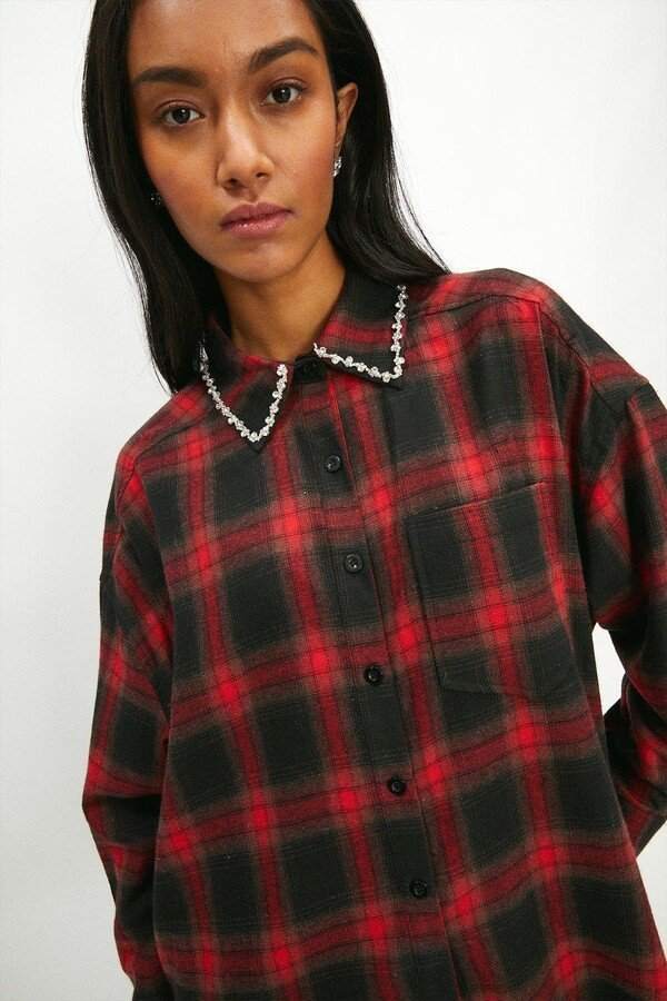 Oversized Check Gem Collar Shirt