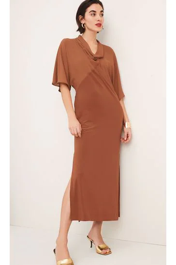 Cowl Neck Short Sleeve Midi Dress