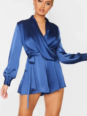 Prettylittlething Navy Satin Drape Detail Long Sleeve Playsuit