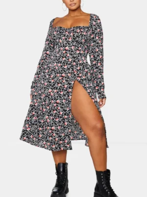 Plus Black Floral Cupped Split Dress