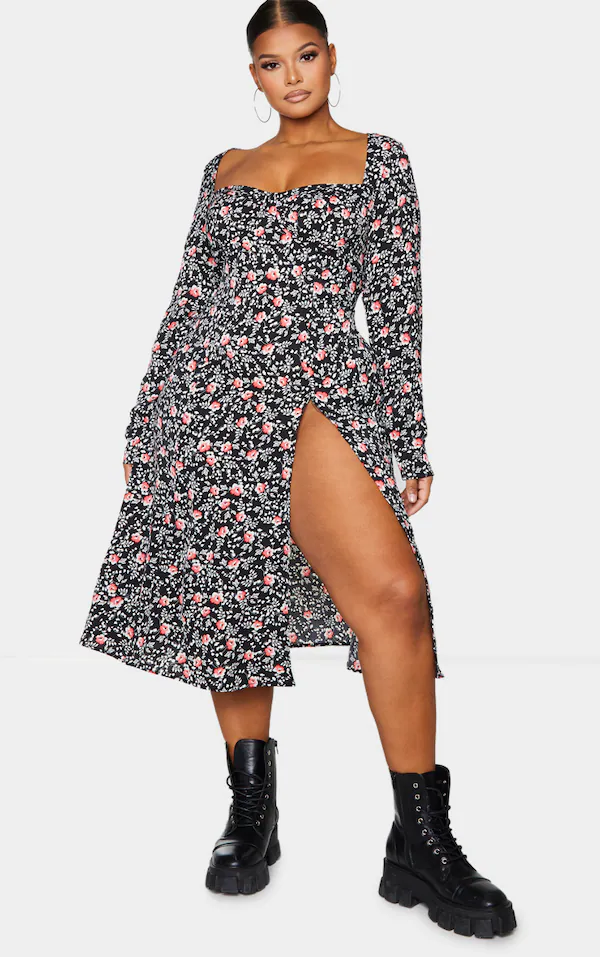 Plus Black Floral Cupped Split Dress