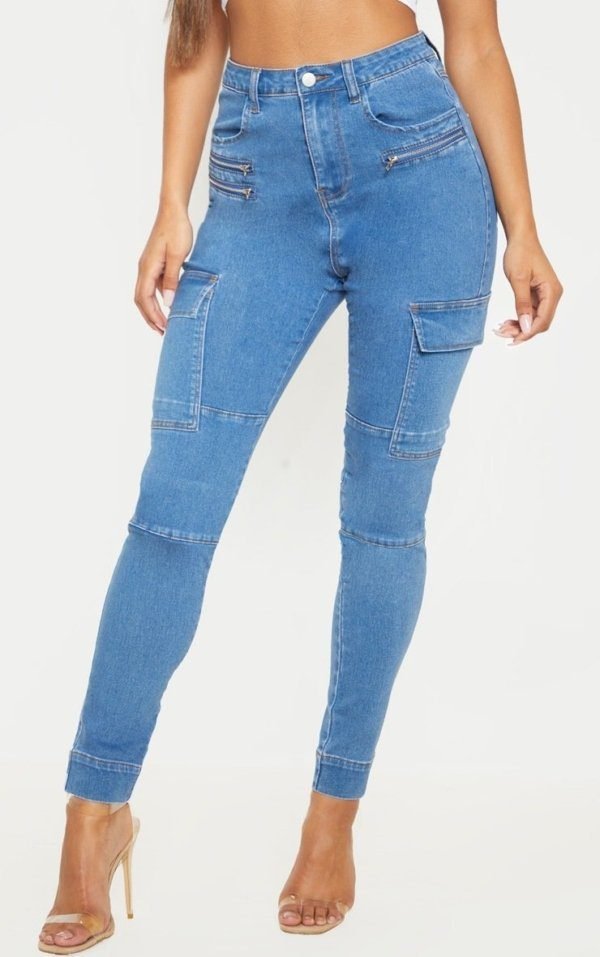 Prettylittlething Mid Wash Cargo Pocket Skinny Jeans