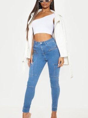 Prettylittlething Mid Wash Cargo Pocket Skinny Jeans