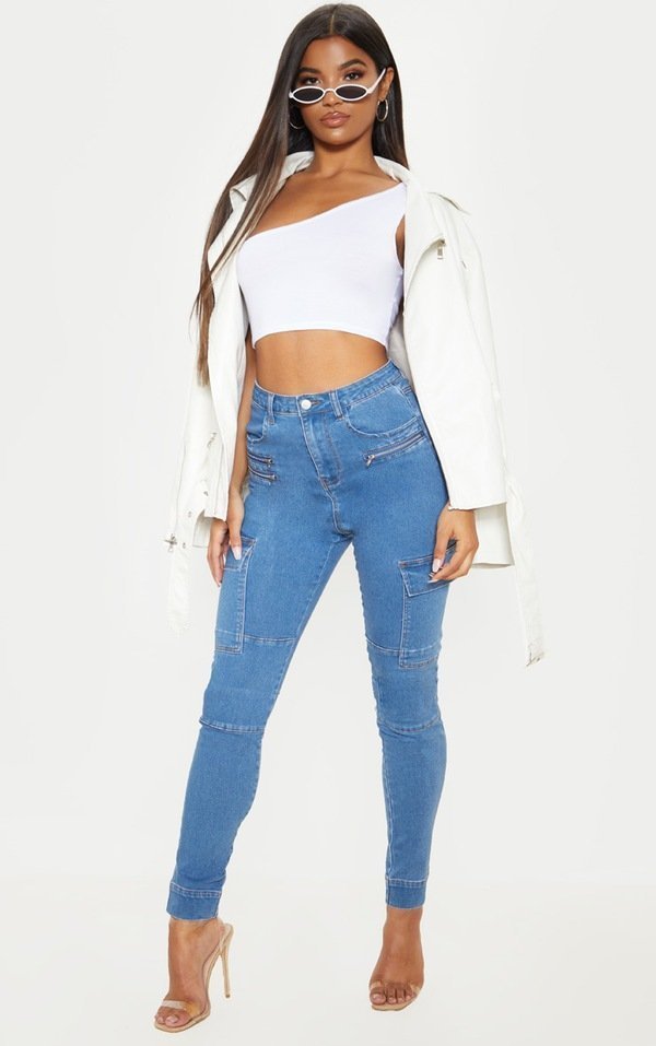 Prettylittlething Mid Wash Cargo Pocket Skinny Jeans