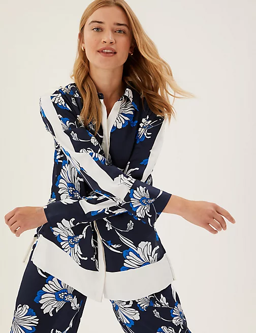 Floral collared long line shirt