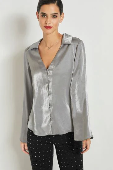 Next Silver Metallic v-neck Long sleeve blouse