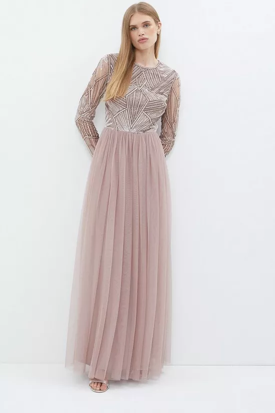 Premuim embellished bodice long sleeve maxi dress