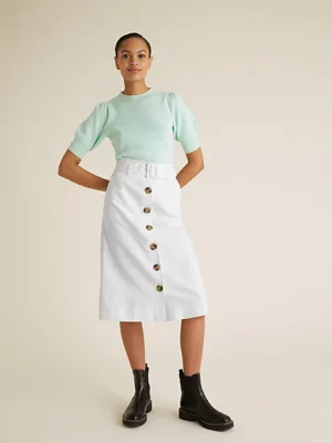 Marks And Spencer White Button Front Midi A-line Skirt