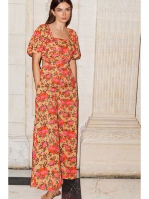 Pink Floral Wide Leg Puff Sleeve Jumpsuit