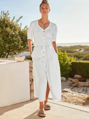 White  Linen Blend Button Down Midi Dress