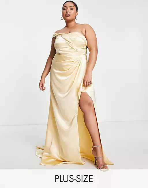 Plus One Shoulder Satin Drape Maxi Dress