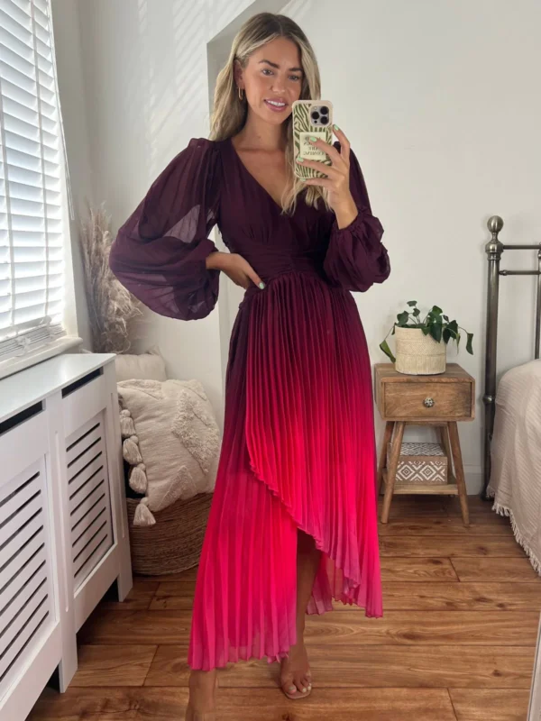 StyleCheat Toni Long Sleeved Pleated Maxi Dress