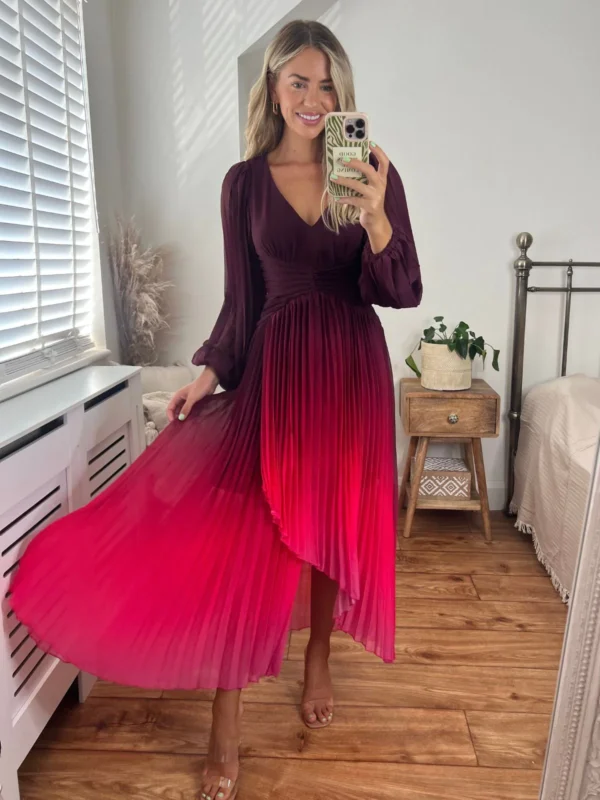 StyleCheat Toni Long Sleeved Pleated Maxi Dress