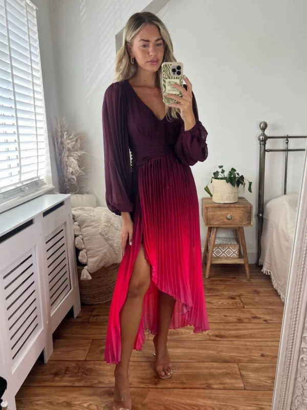 StyleCheat Toni Long Sleeved Pleated Maxi Dress