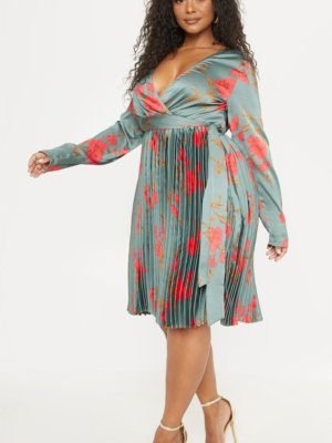 Plus Emerald Green Floral Print Long Sleeve Pleated midi dress