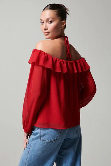 Red Corsage Halter Neck Long Sleeve Top