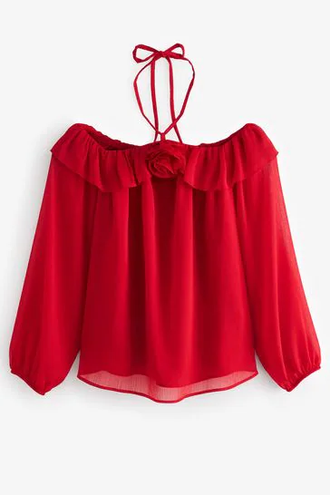 Red Corsage Halter Neck Long Sleeve Top