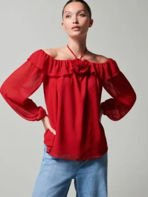 Red Corsage Halter Neck Long Sleeve Top