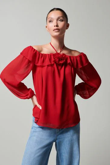 Red Corsage Halter Neck Long Sleeve Top