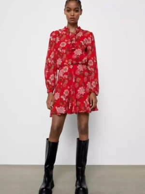 Neck Tie Floral Long Sleeve Dress