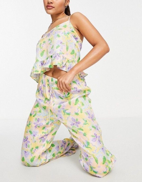 pyjama set floral printed jacquard frill cami and trousers