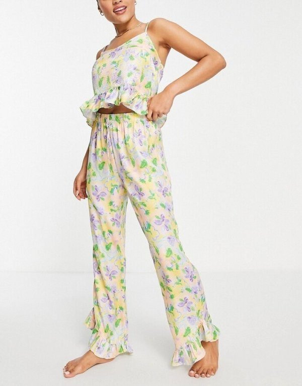 pyjama set floral printed jacquard frill cami and trousers