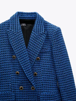 Double Breasted Tweed Check Blazer Coat 2