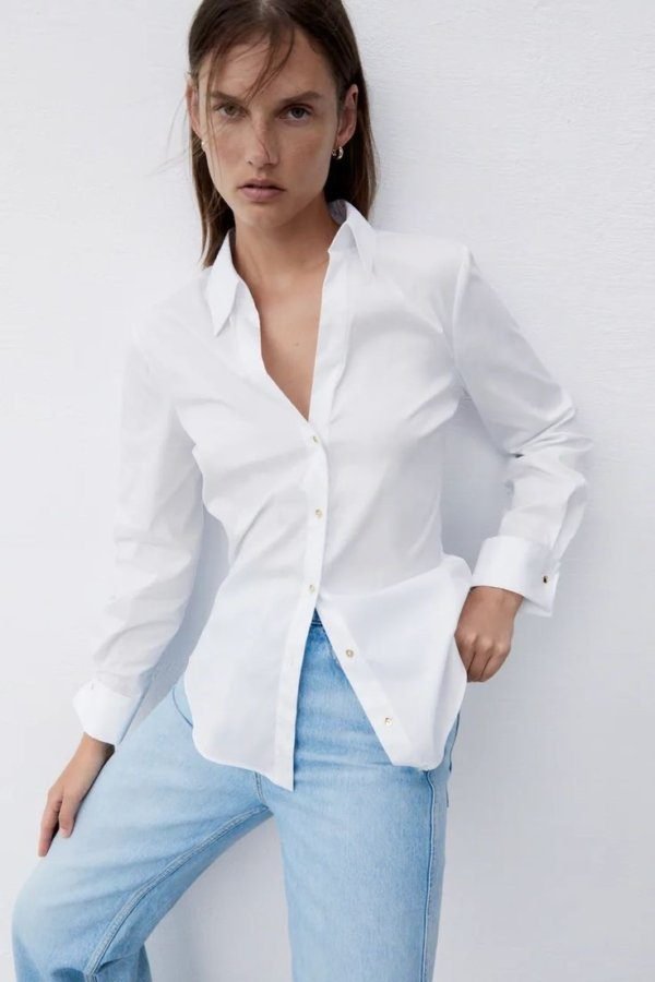 White Shirt With Gold Button Details