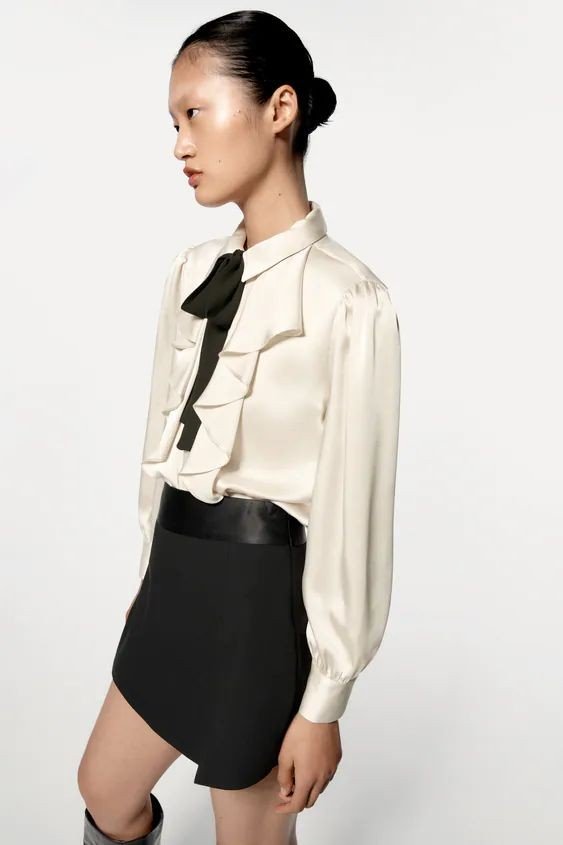 Ruffle Bejeweled Button Satin Shirt