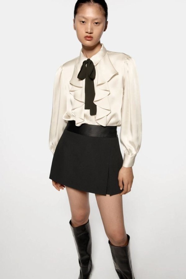 Ruffle Bejeweled Button Satin Shirt