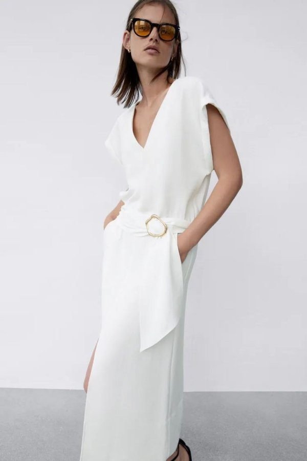 Belted Front Split Midi Dress