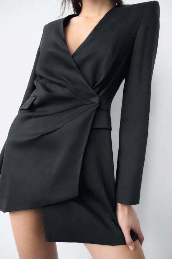 Linen Blend Wrap Asymmetric Mini Blazer Dress