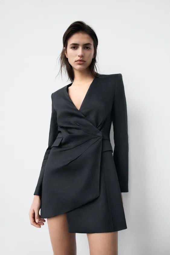 Linen Blend Wrap Asymmetric Mini Blazer Dress