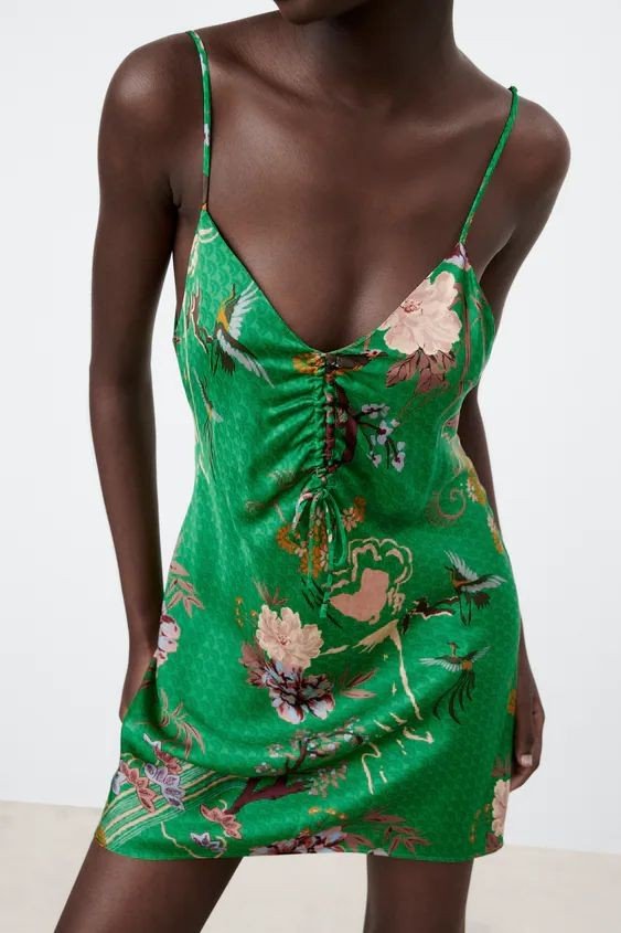 Green Floral Print Slip Dress