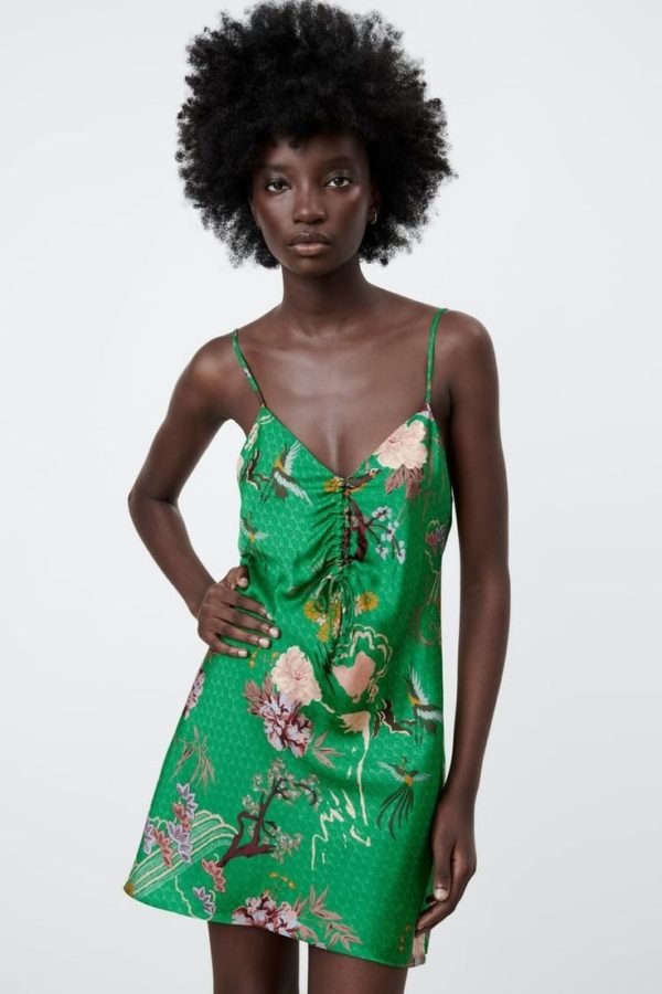 Green Floral Print Slip Dress