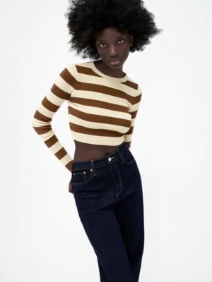 Striped Ecru & Brown Longsleve Crop Top