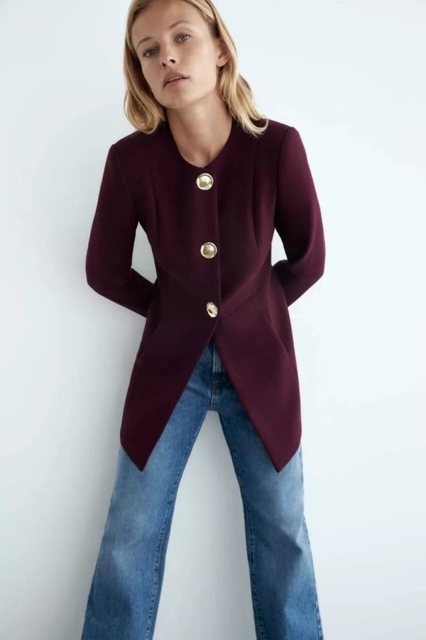 Burgundy Longline Gold Button Blazer