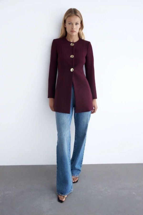 Burgundy Longline Gold Button Blazer