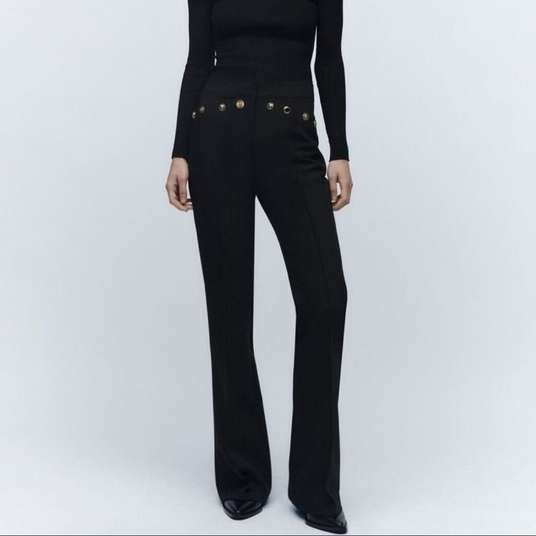 Black High Waist Flared Trousers With Button Details