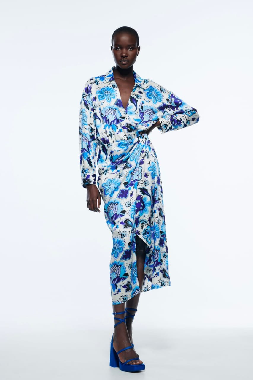 Floral Blue Print Warp Midi Dress
